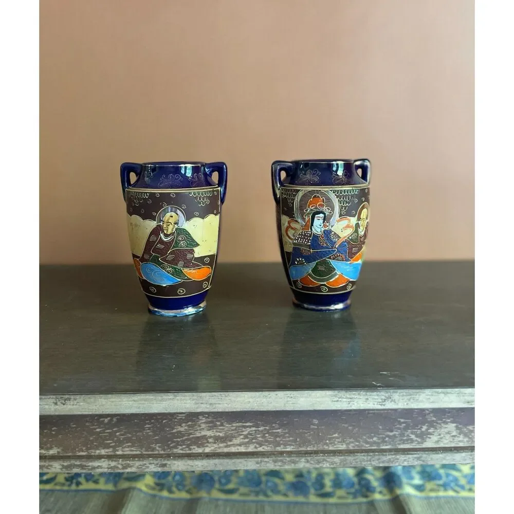 Vintage Japan Cobalt Hand Painted Vase Set Pair 8